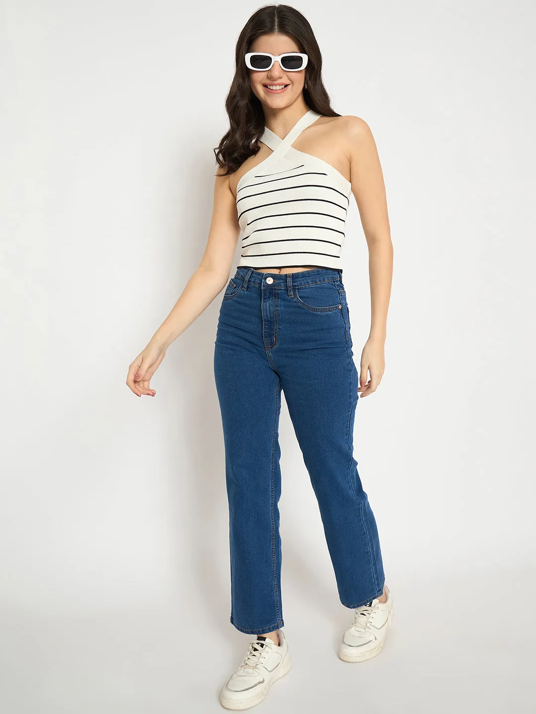 Madame Striped Halter Neck White Crop Top Flexible Waistline