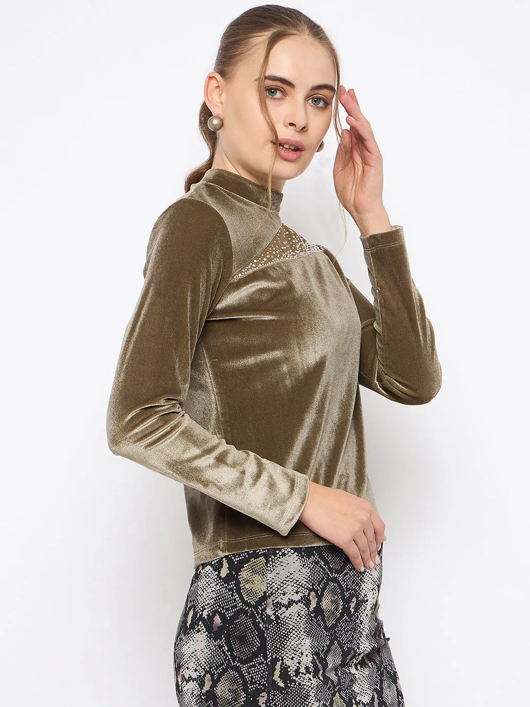 Elegant Wear AntibacterialMaterial Madame Band Neck Sew Detailed Swarovski Embellished Olive Velvet Top