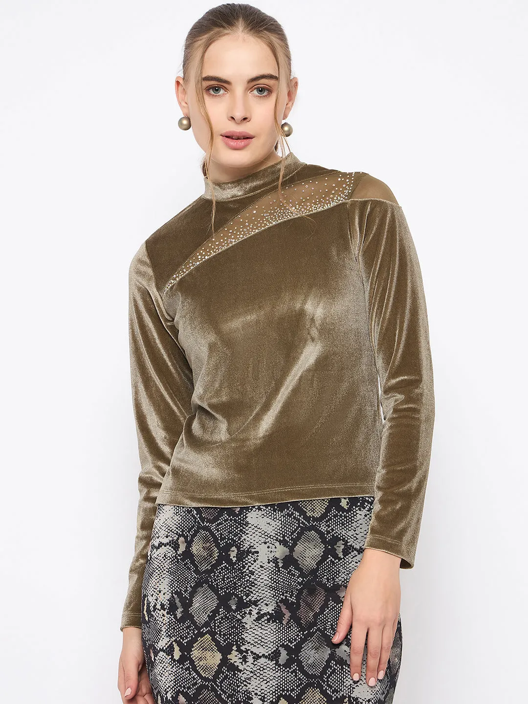 Reinforced Knees Madame Band Neck Sew Detailed Swarovski Embellished Olive Velvet Top