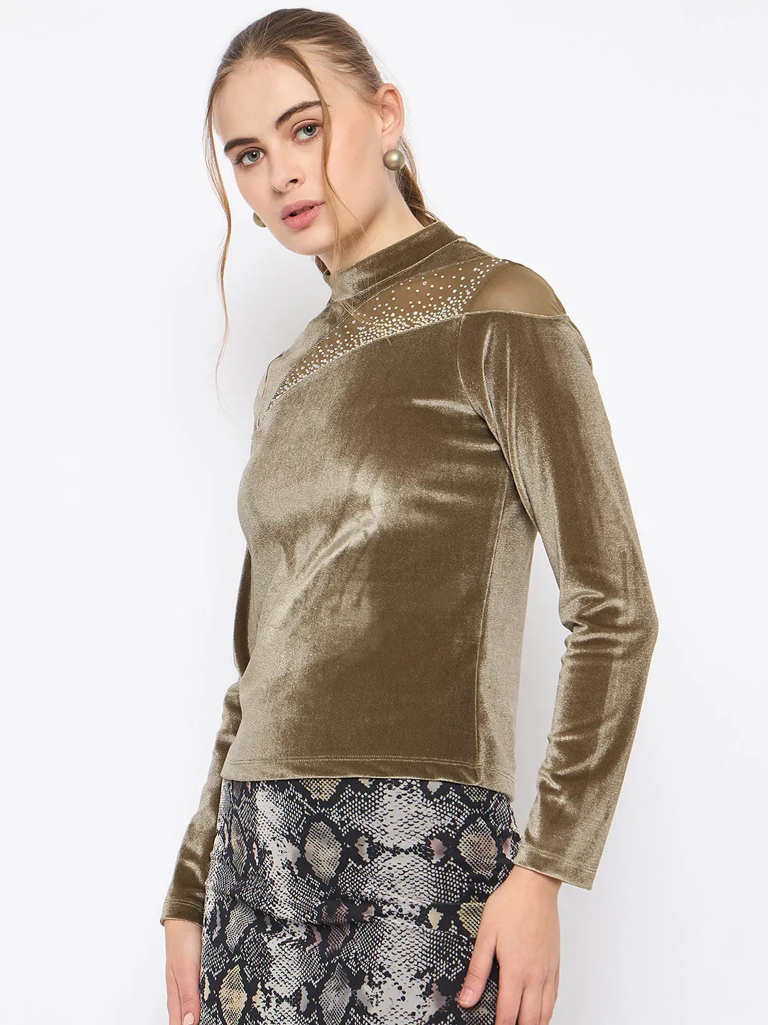 Madame Band Neck Sew Detailed Swarovski Embellished Olive Velvet Top TearResistant