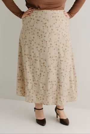 Plus 'Damaris' Floral Print A-Line Midi Skirt in Beige Non Binding Waist Polished Look Urban Pulse