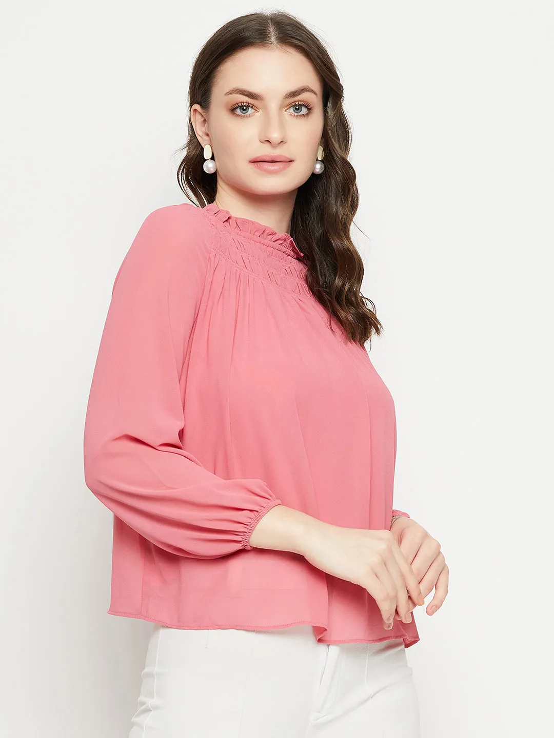 Street Light Madame Smocked Frill Neck Hot Pink Top