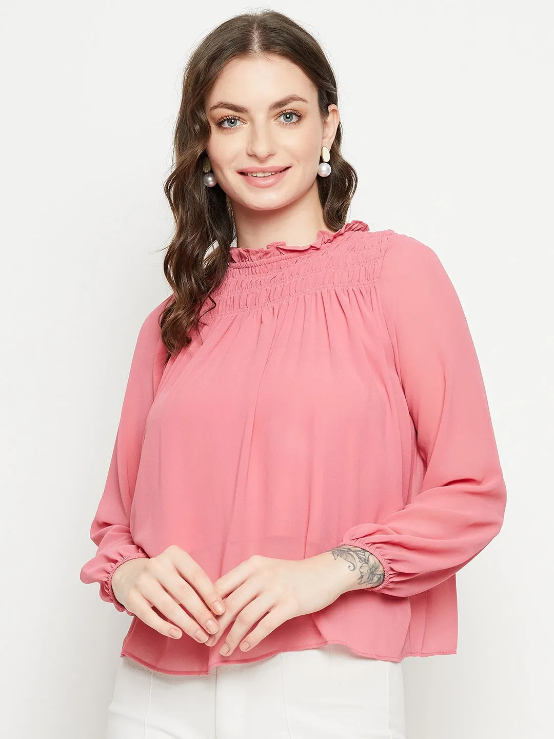 Moon Beam OdorControl Treatment Madame Smocked Frill Neck Hot Pink Top