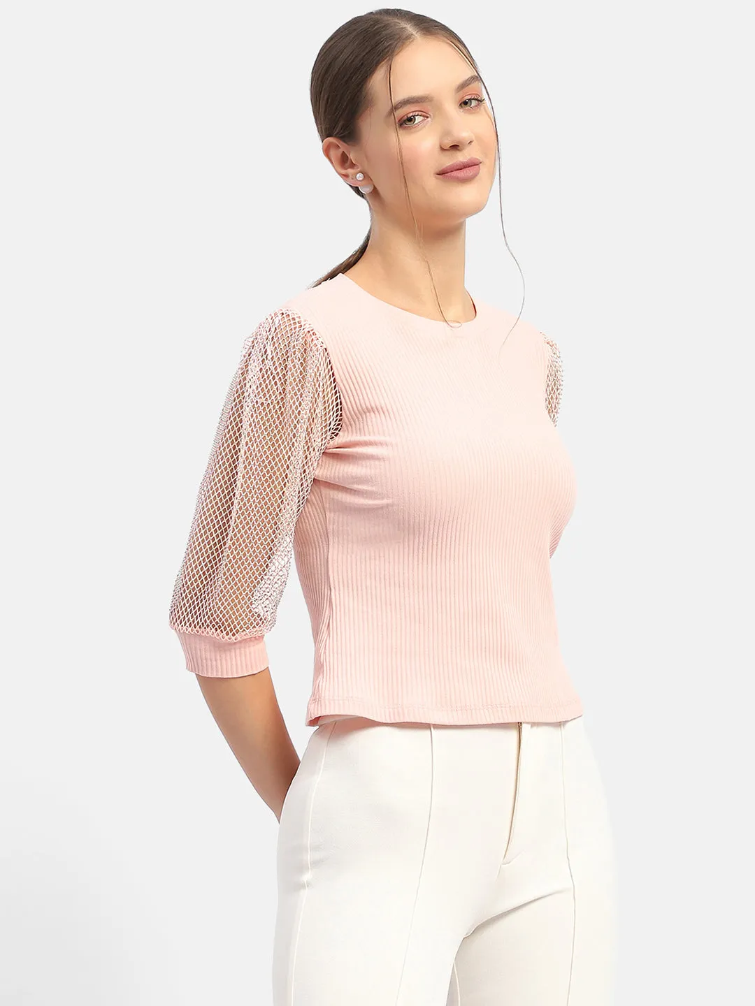 Sustainable Wear SweatAbsorbentLining Madame Knit Sleeve Pink Regular Top