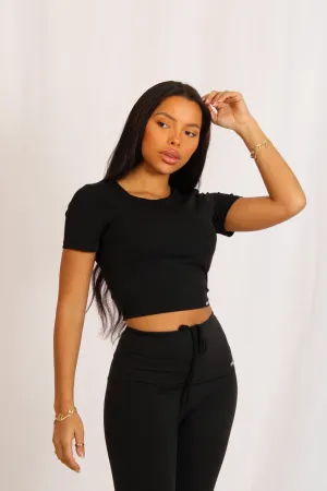Signature Cropped Built In Bra Short Sleeved Top Black CompactKnit