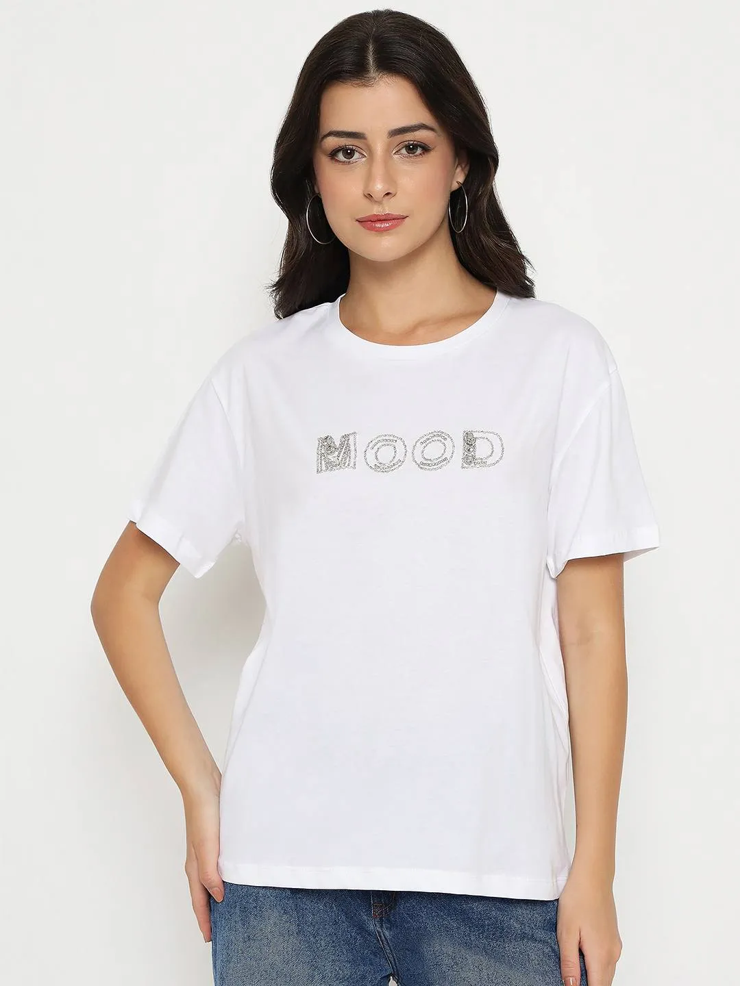 Madame Embellished Typography White Cotton T-shirt Active Wear