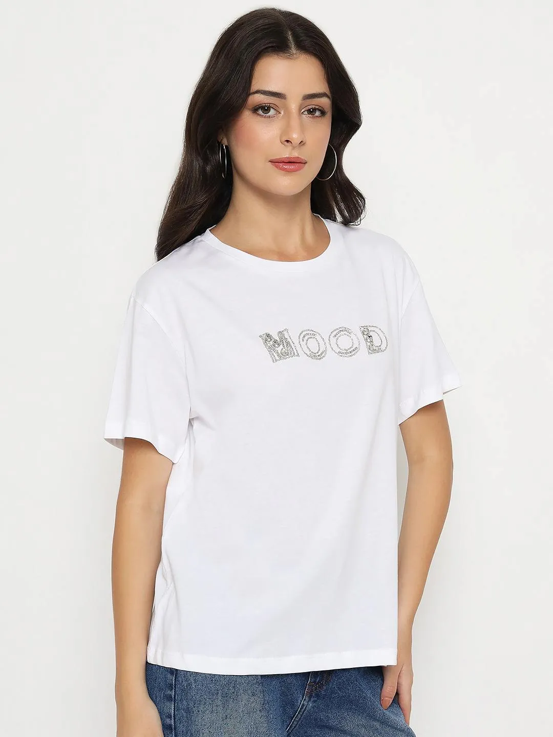 Madame Embellished Typography White Cotton T-shirt Durable Color Retention