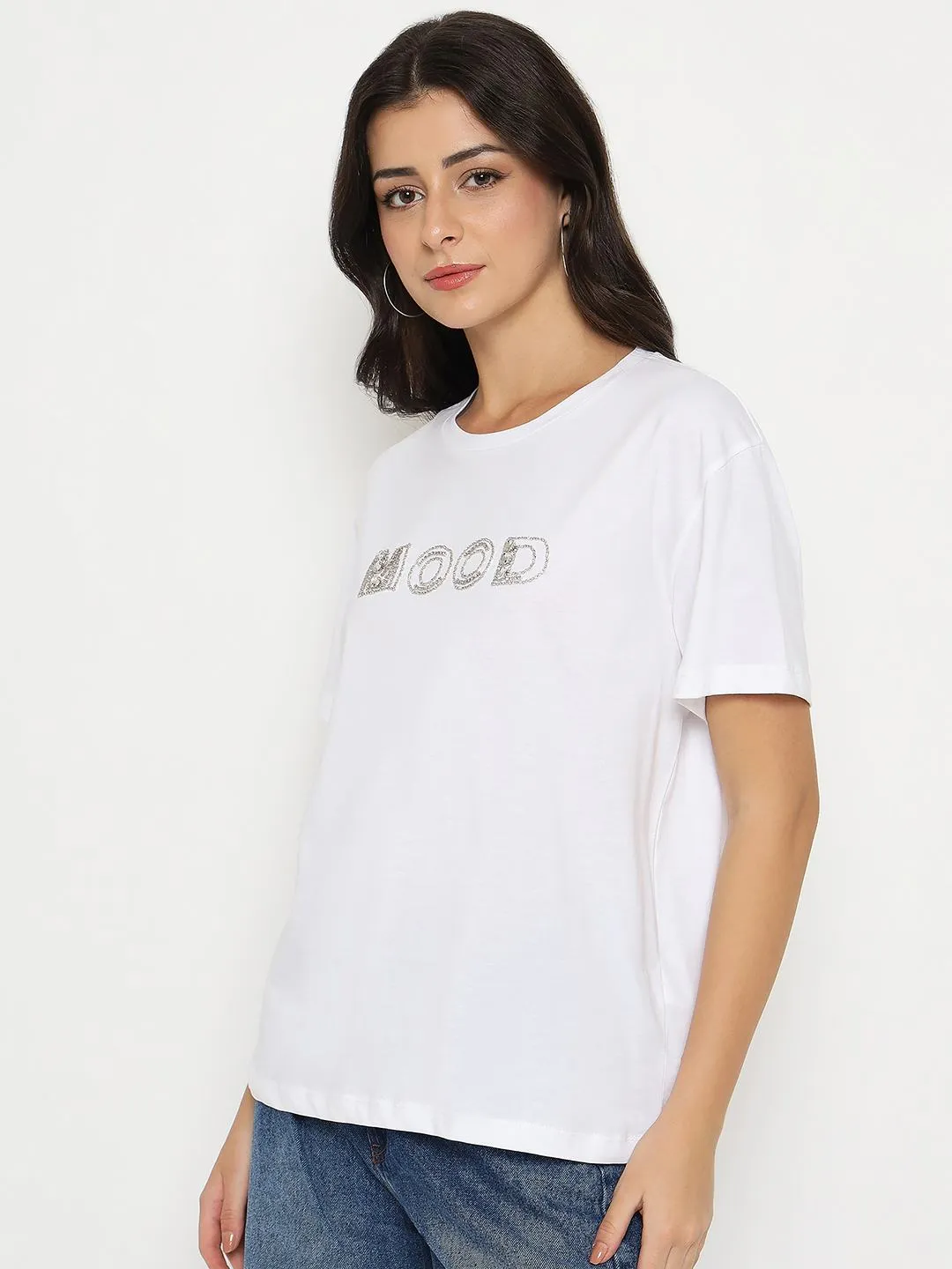Madame Embellished Typography White Cotton T-shirt Classic Comfort Style Simple Wear