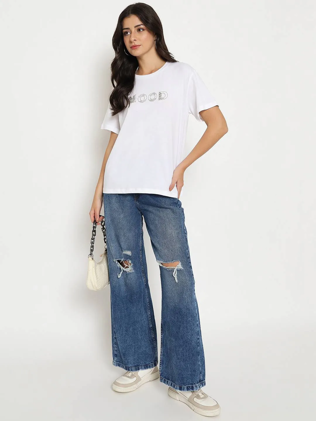 Casual Comfort Layer Stylish Look Madame Embellished Typography White Cotton T-shirt