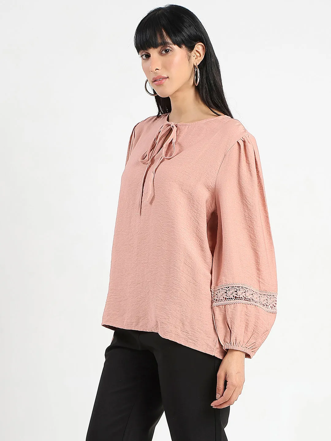 Forest Air LowProfile Design Madame Tie Neck Blush Pink Rayon Blend Top
