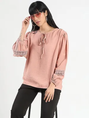 Business Outfit Collapsible Hood Madame Tie Neck Blush Pink Rayon Blend Top