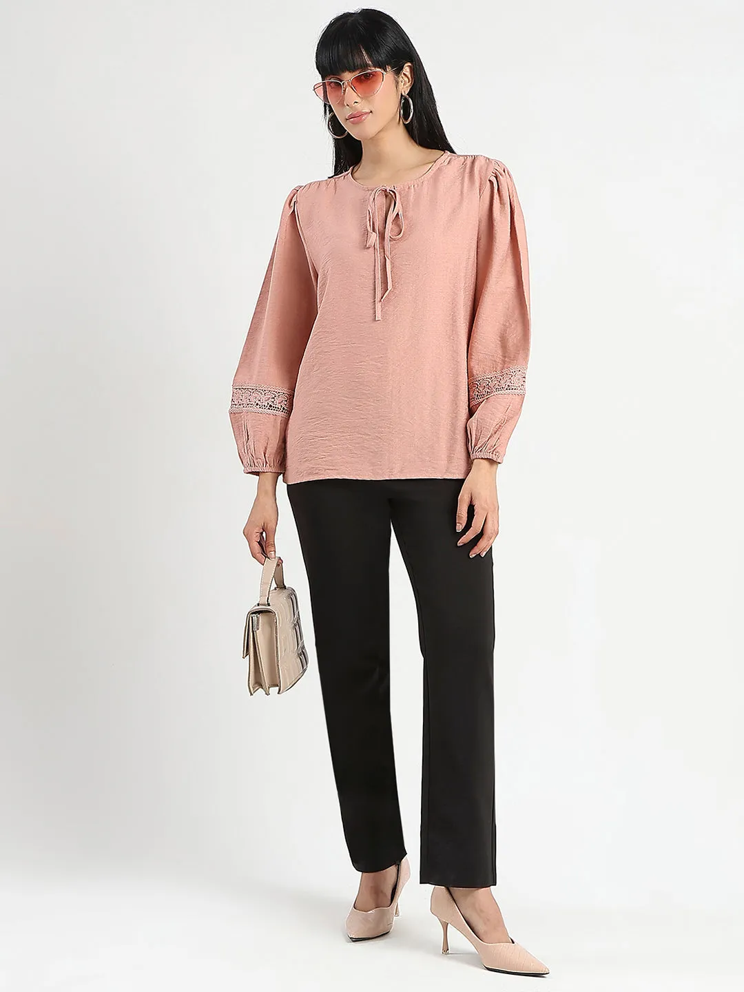 Madame Tie Neck Blush Pink Rayon Blend Top Active Fit Desert Heat