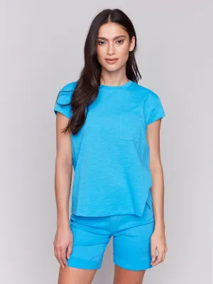 Summer Air Photo Glam Organic Cotton Cap Sleeve T-Shirt with Slit Detail - Lagoon