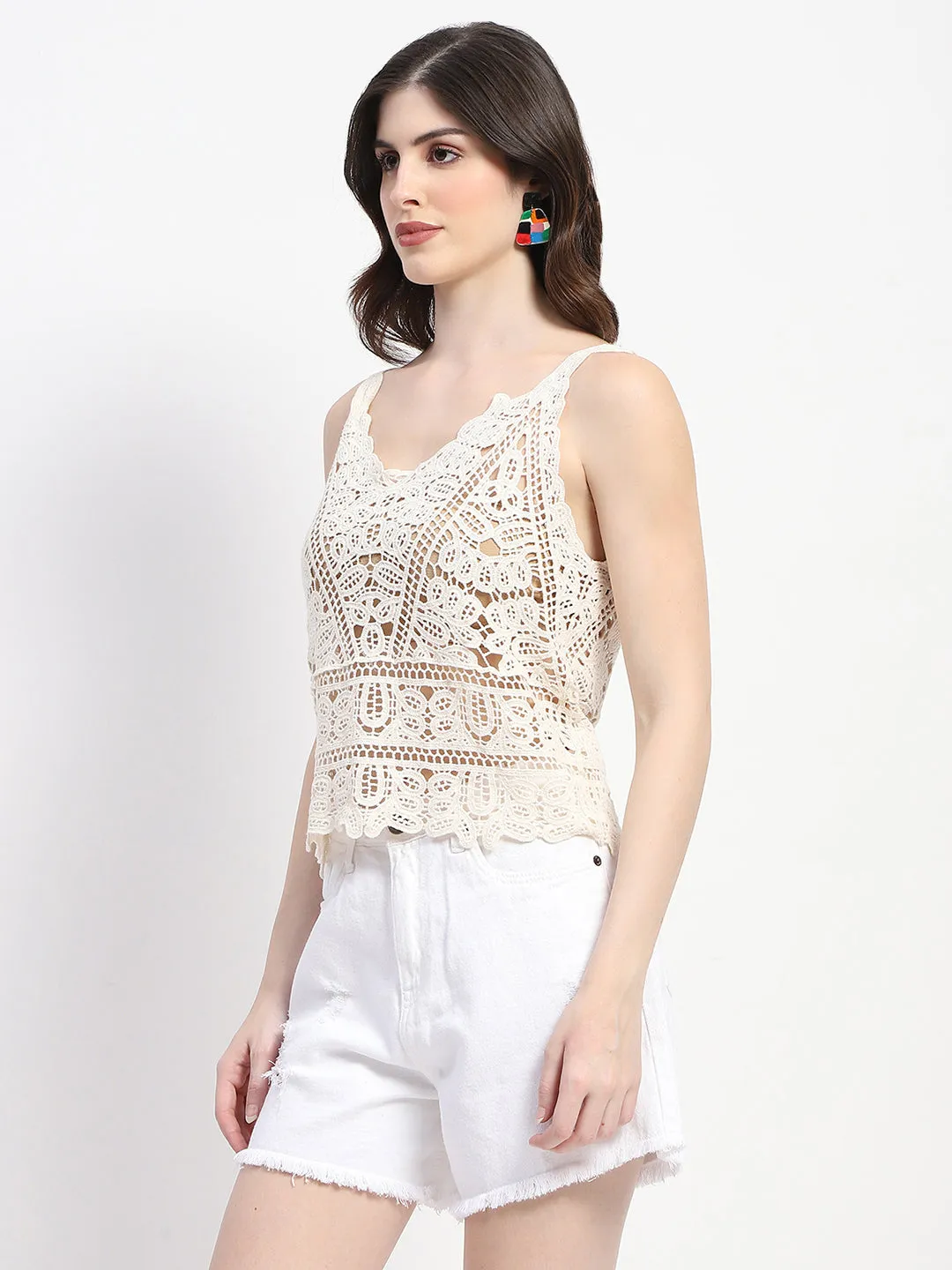 StaticResistantTextile Madame Lace Detailed White Cotton Cami Crop Top