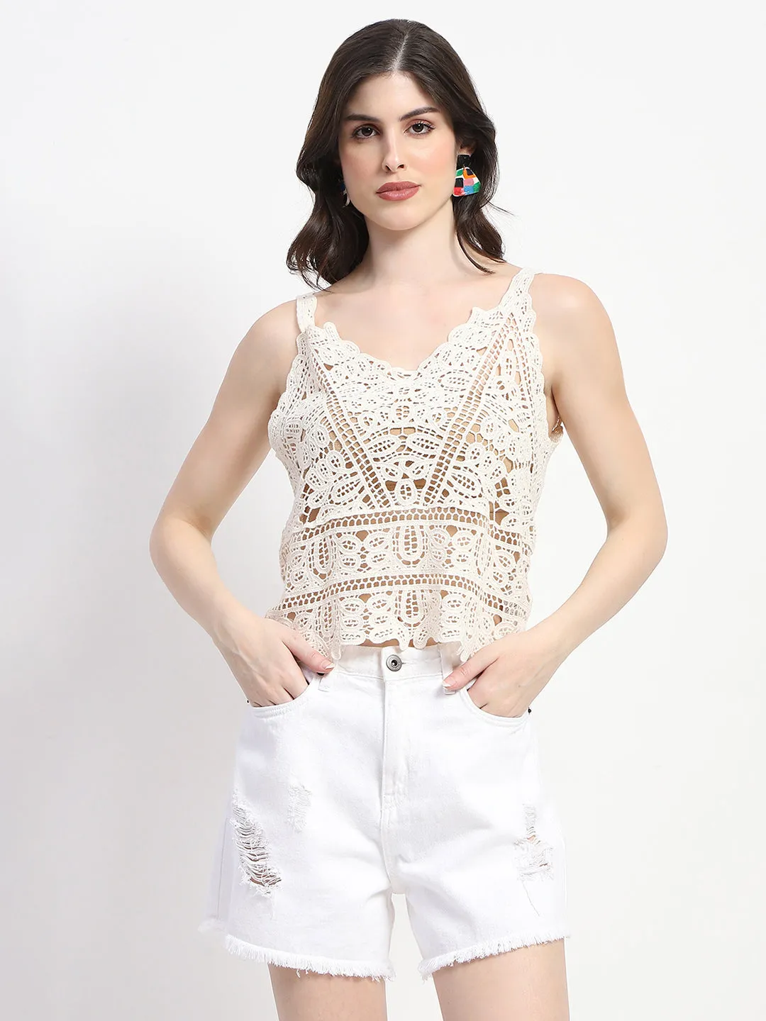All-Weather Wear Madame Lace Detailed White Cotton Cami Crop Top