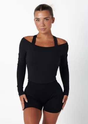 CompactPackableDesign RIBBED OFF SHOULDER LONG SLEEVE - BLACK