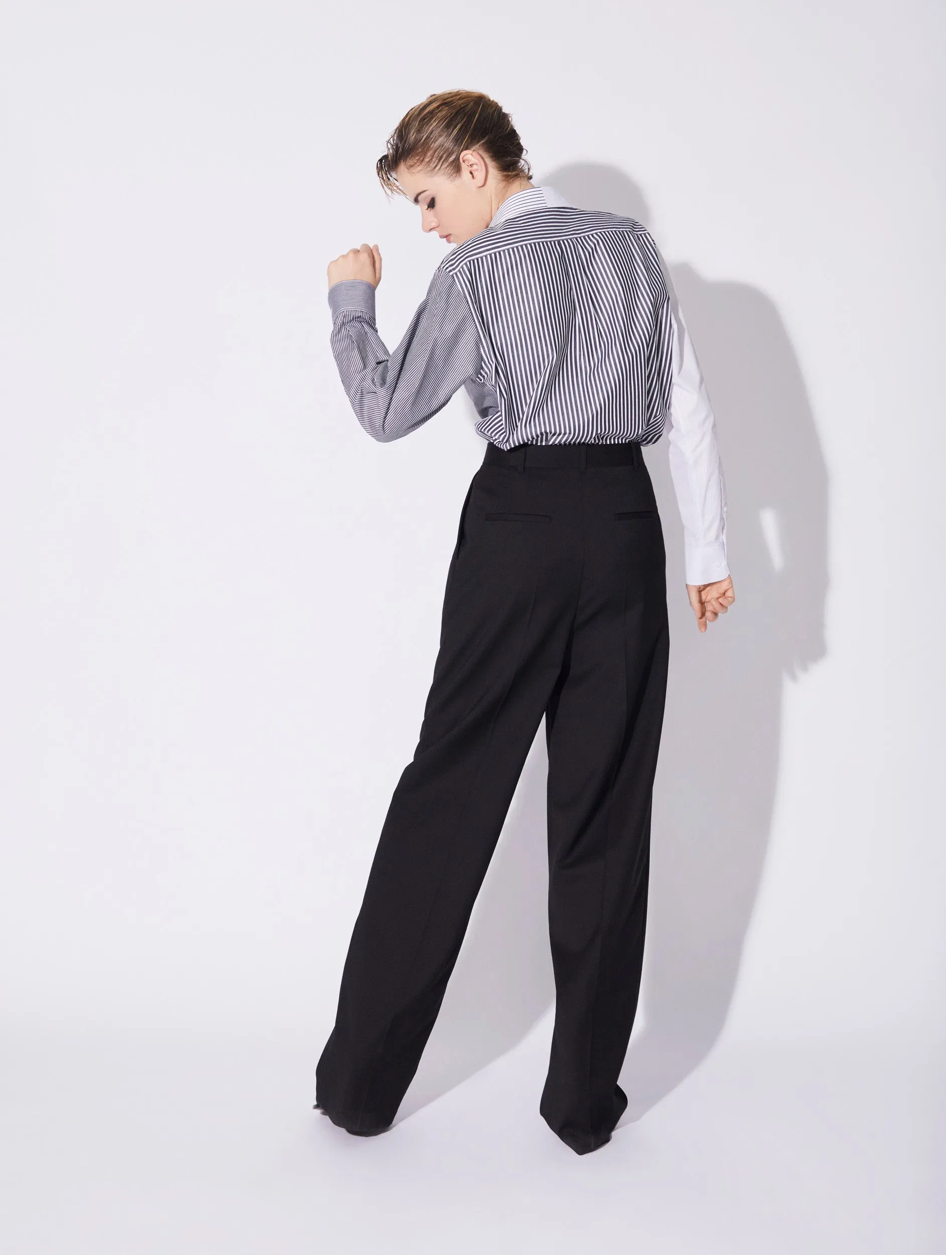 Black stretch wool high waisted pleated trousers MoistureWickingLining Hypoallergenic fabric