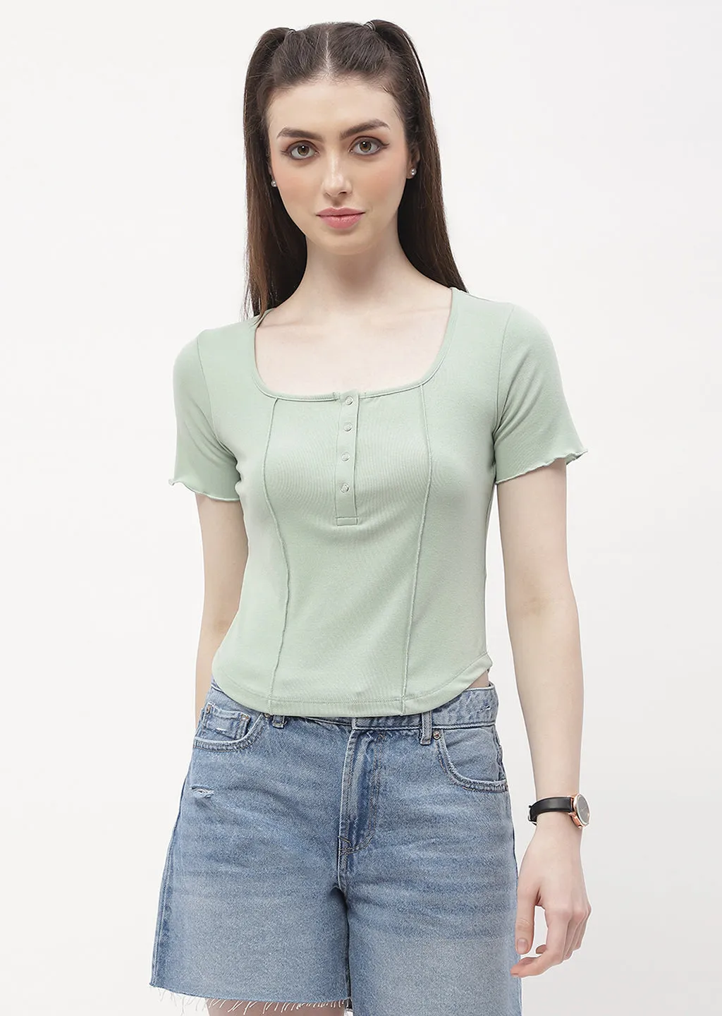 Madame Solid Mint Green Corset Style Top Seasonal Fashion Casual Trousers