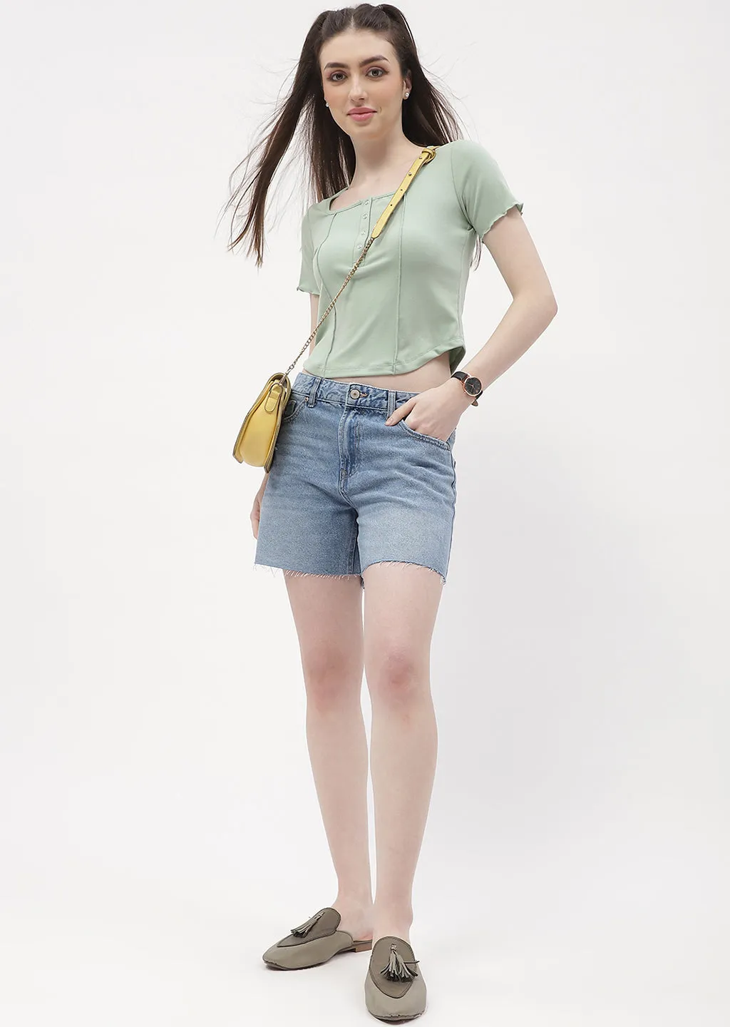 Natural Fiber Blend Madame Solid Mint Green Corset Style Top
