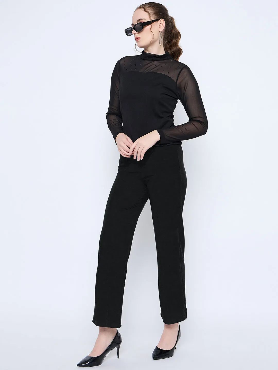 FrictionResistant Madame Band Neck Embellished Solid Black Mesh Top