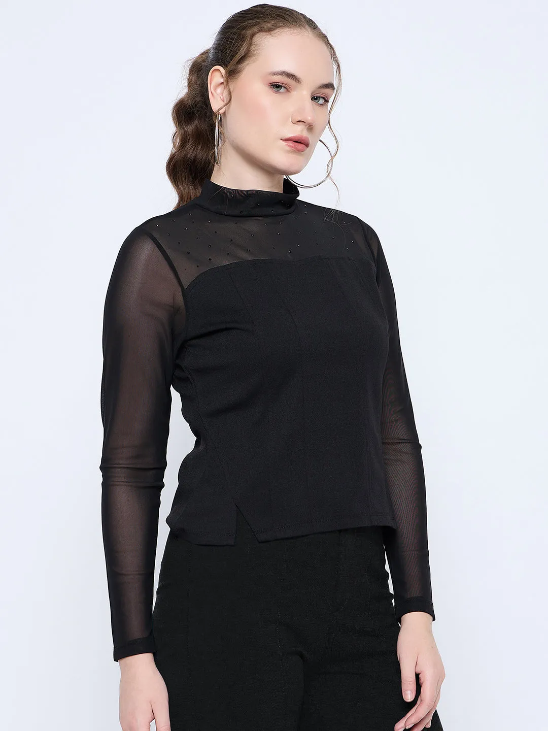 Madame Band Neck Embellished Solid Black Mesh Top StainReleaseCoating Planet Glow
