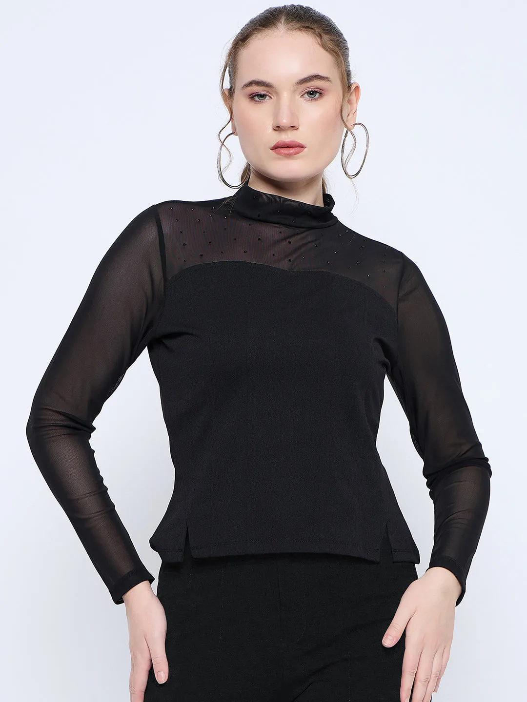 NonRestrictive Cut Madame Band Neck Embellished Solid Black Mesh Top