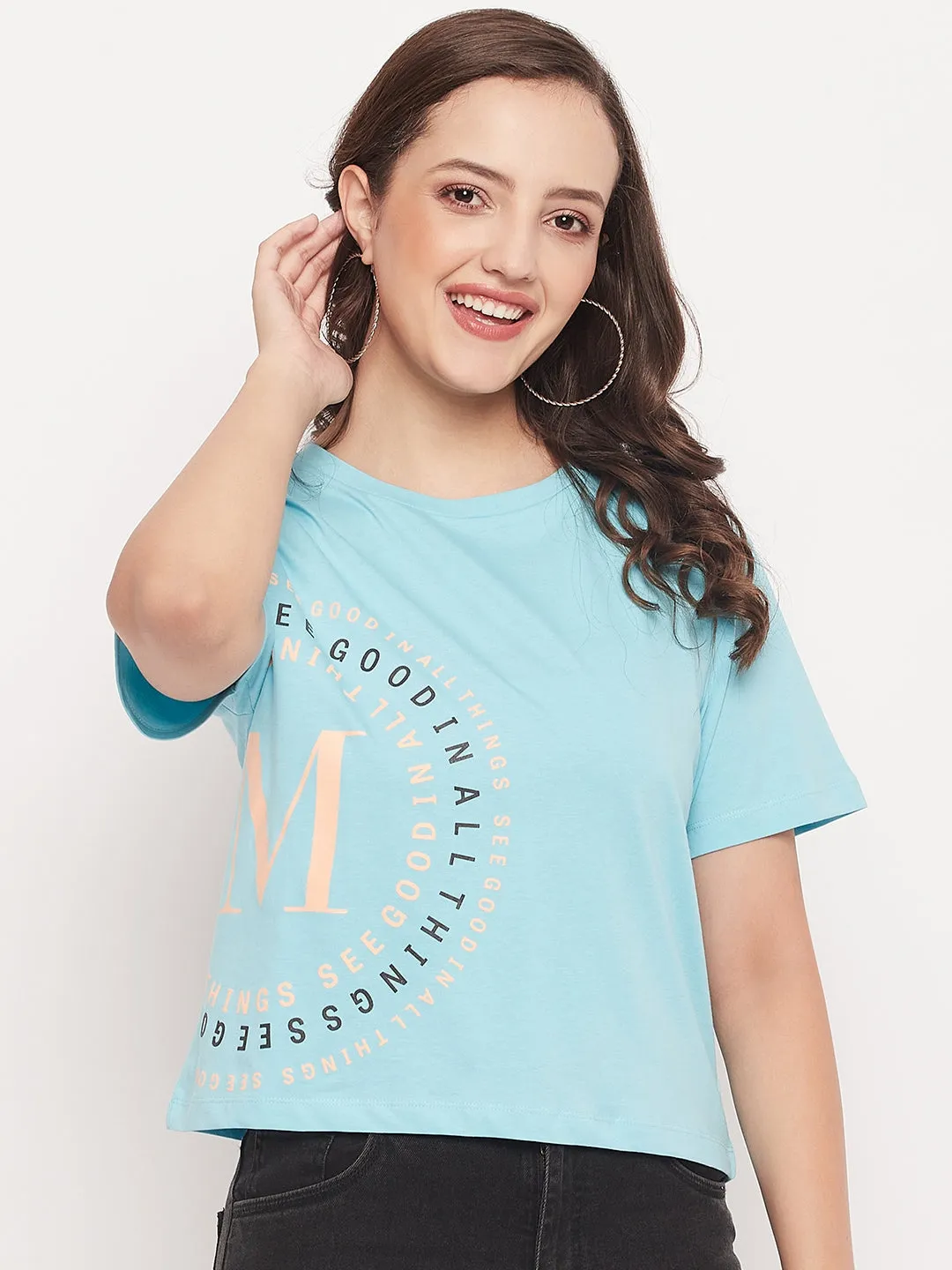 Heather Texture Finish Casual Outfit Madame Round Neck Printed Cotton T-shirt