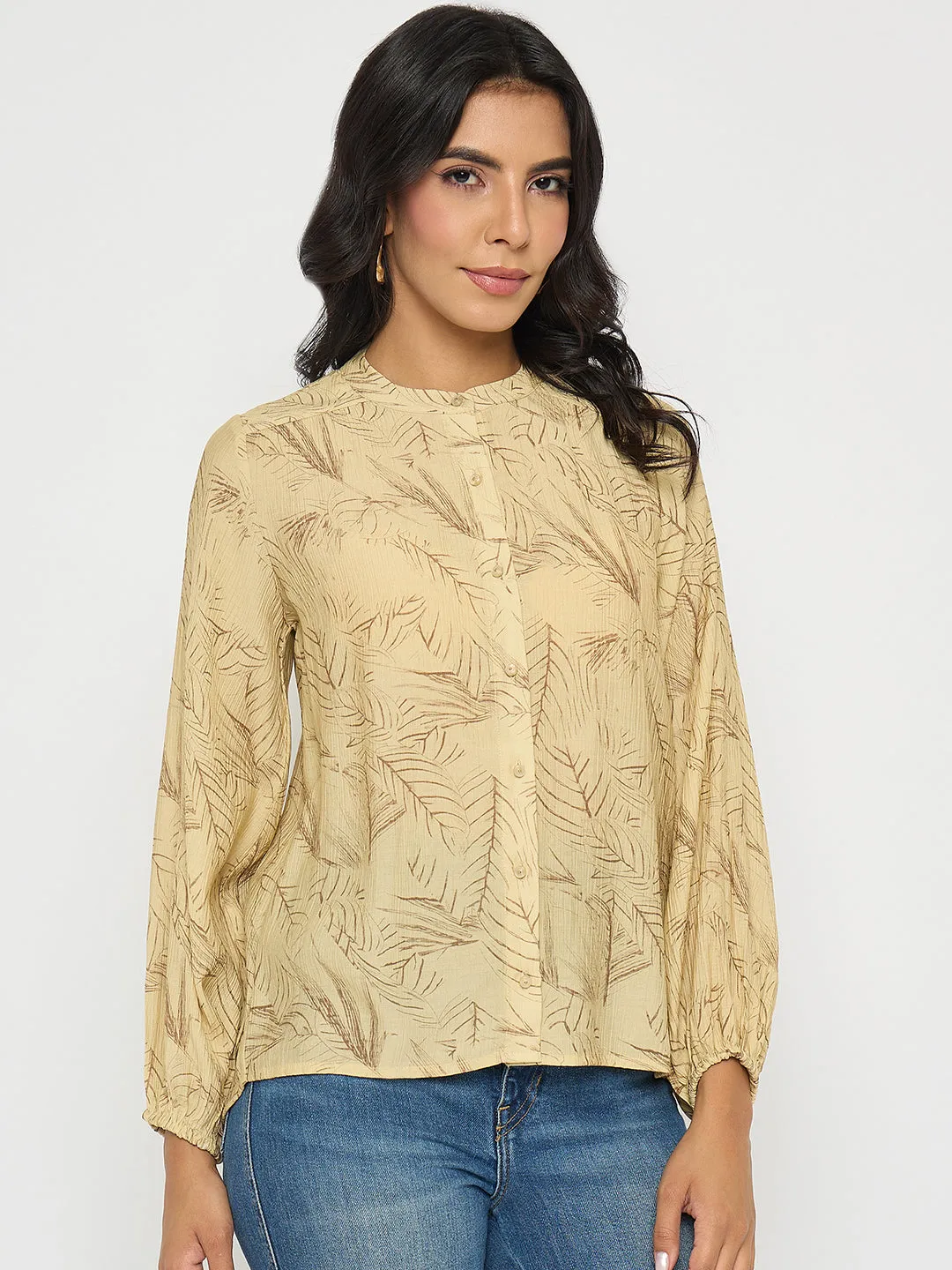 AntiStaticTechnology Madame Textured Botanical Print Mustard Yellow Top