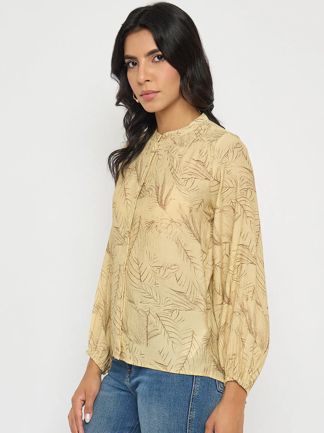 Madame Textured Botanical Print Mustard Yellow Top AntiPillingFabric CompactFold