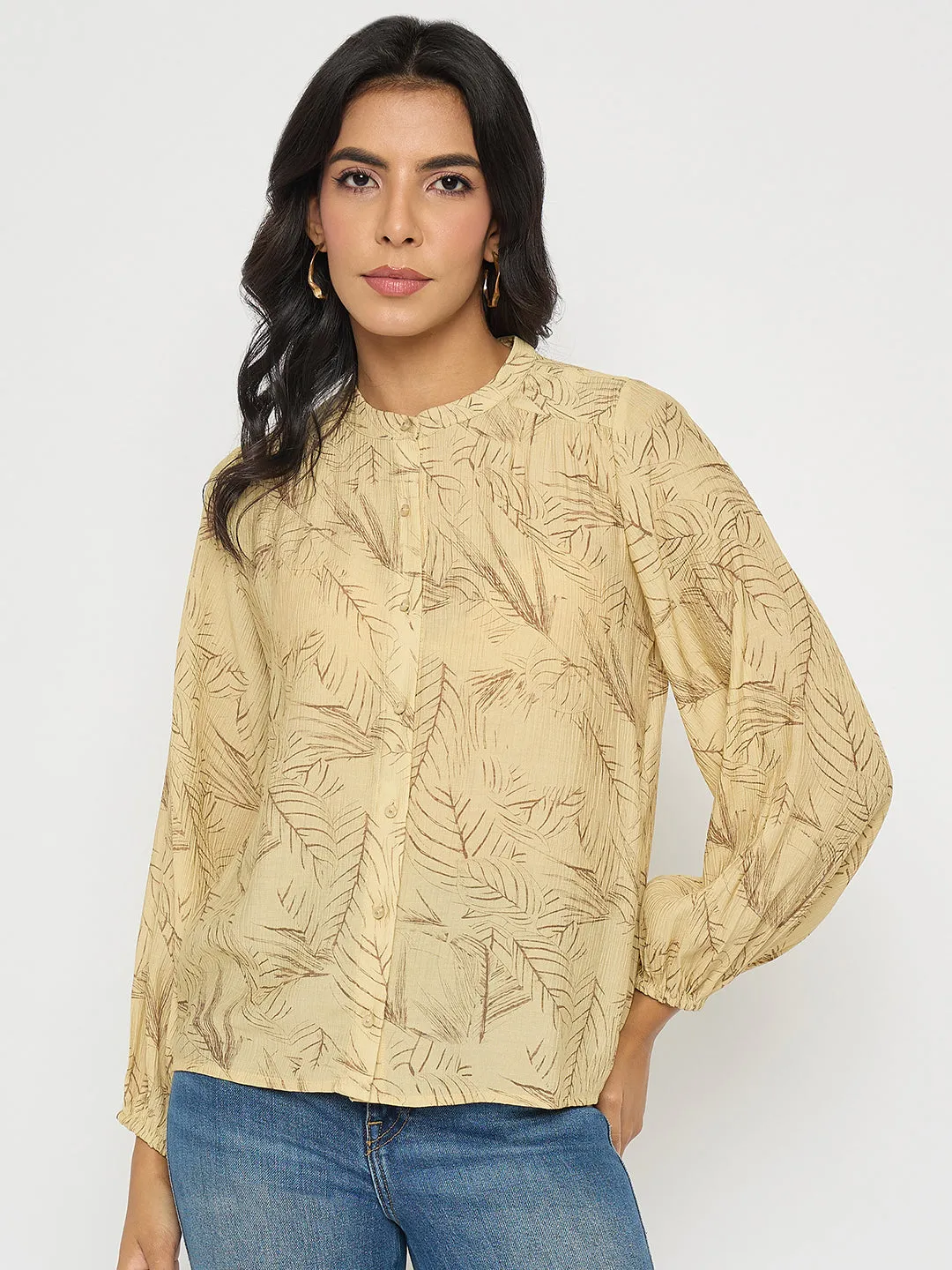 CompactWeave Wool Fit Madame Textured Botanical Print Mustard Yellow Top