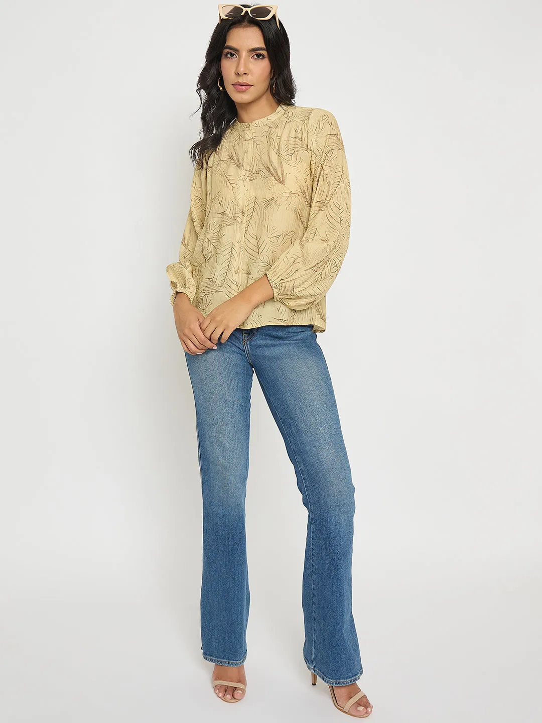 StretchFree Madame Textured Botanical Print Mustard Yellow Top