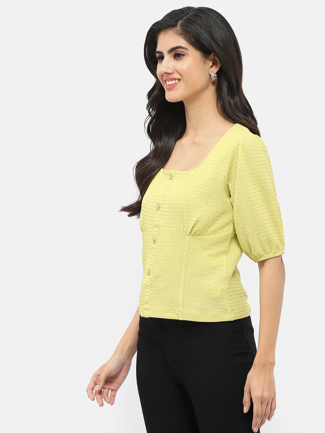 Madame Square Neck Lime Green Crinkled Top Business Attire