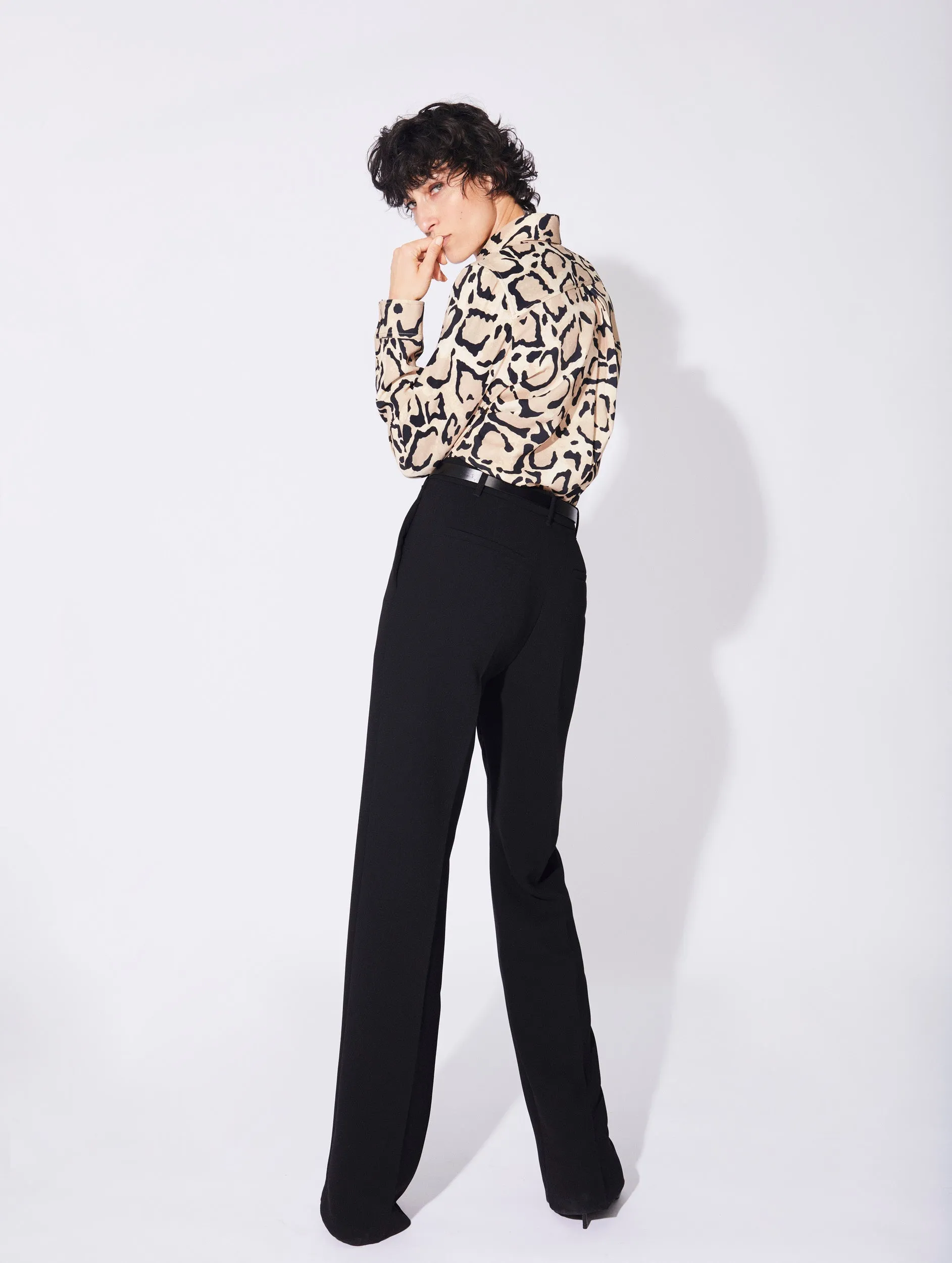 Relaxed Fit Black crepe high waisted flared trousers