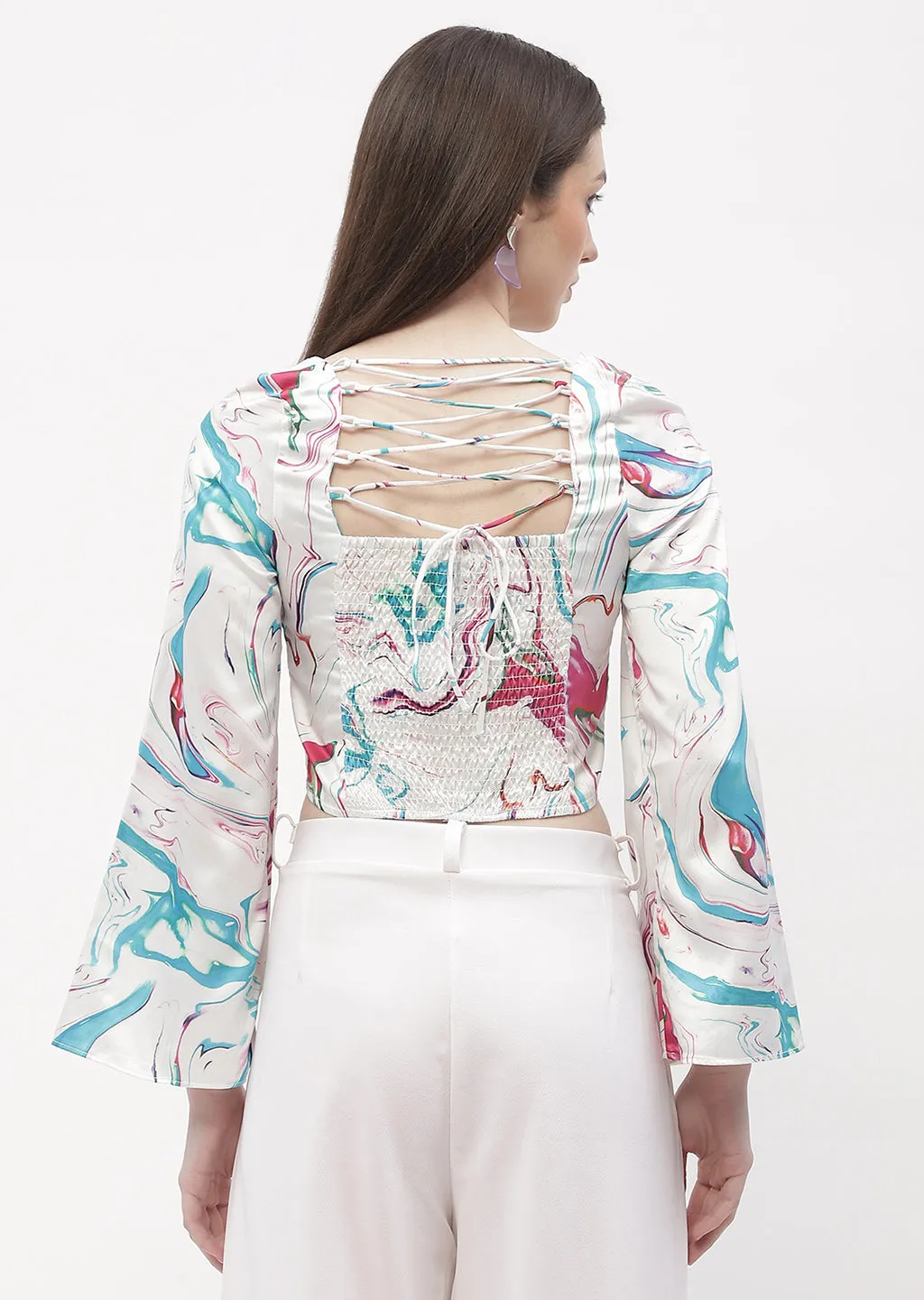 Body Free ReinforcedKnees Madame Abstract Print Off-White Bell Sleeve Crop Top