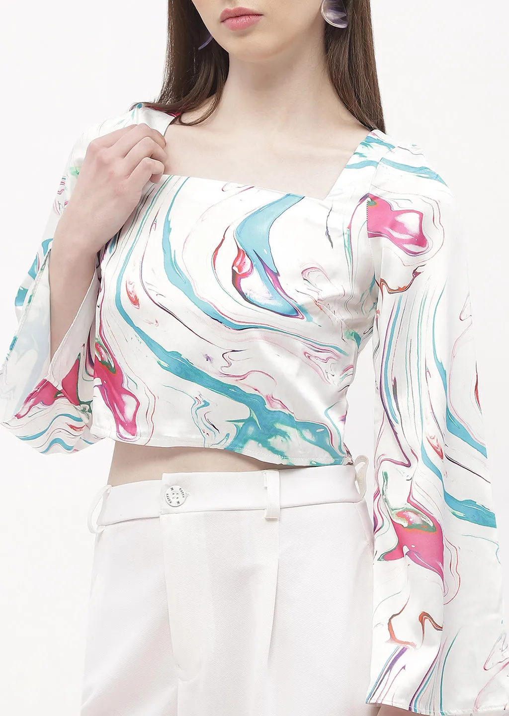 sporty wear Flexible Hemline Madame Abstract Print Off-White Bell Sleeve Crop Top