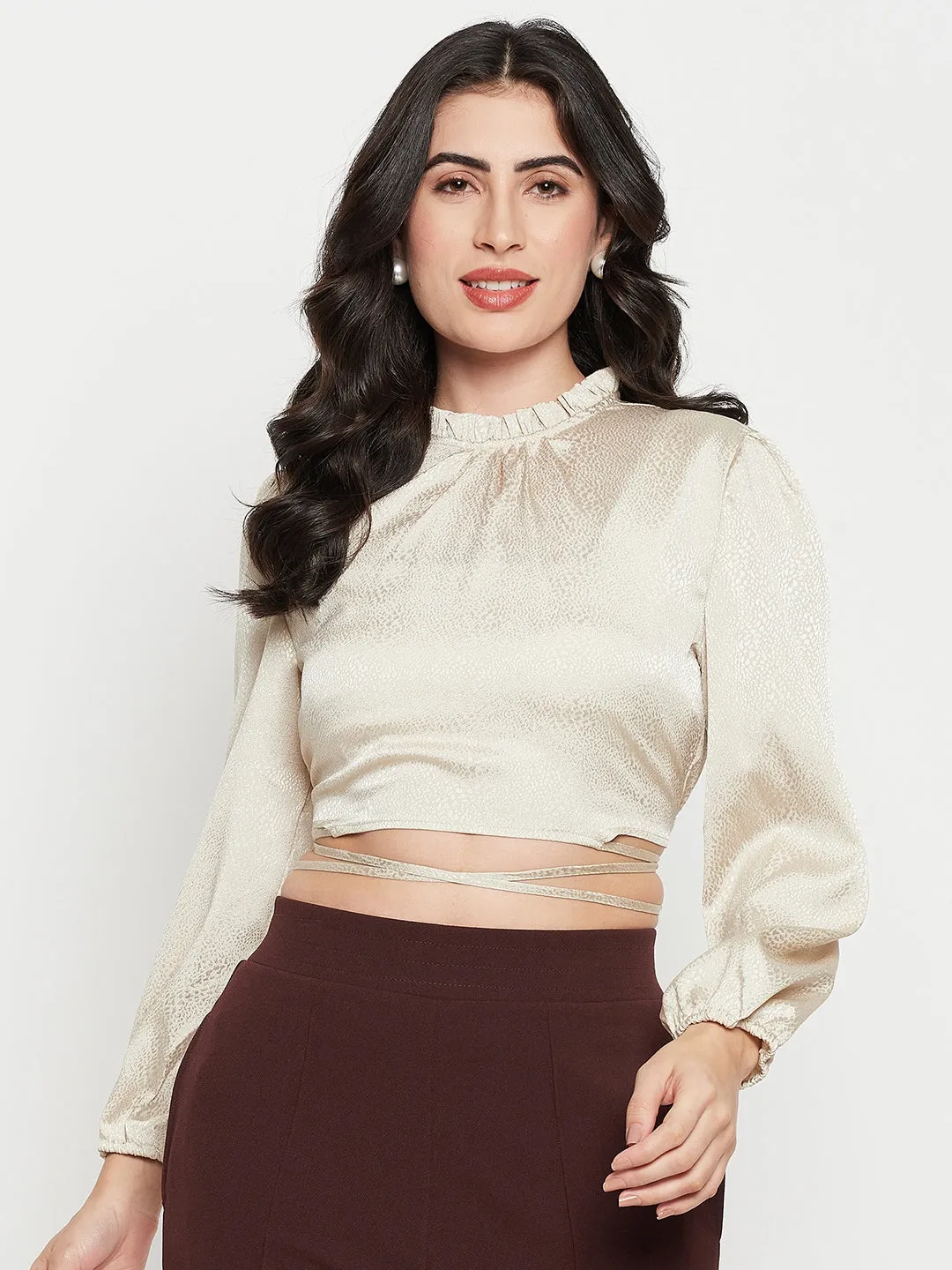 Shimmer Core FlexibleNeckline Madame Beige Tie-Up Waist High-Neck Top
