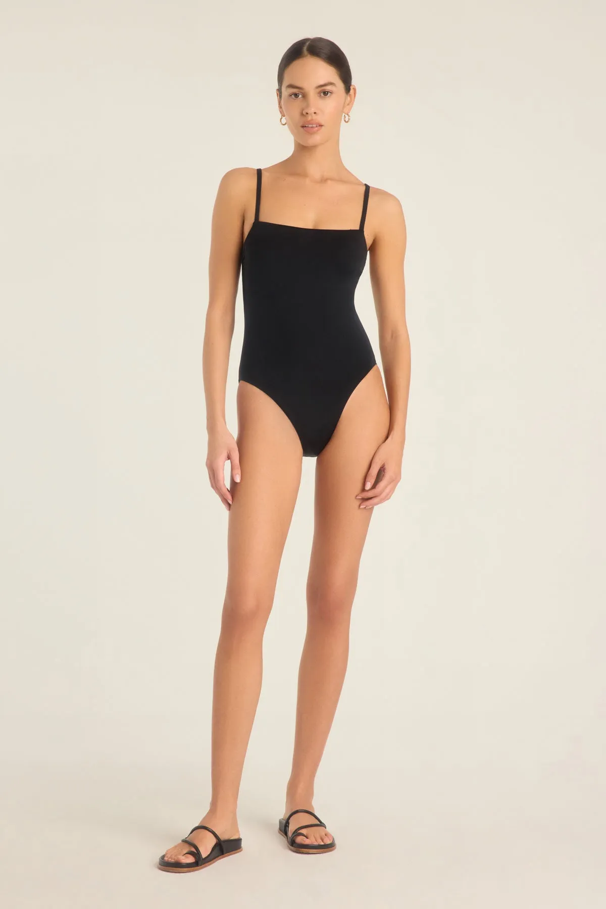 Poolside Getaway Lace trim Jenna High Leg One Piece Full Cut - Black EcoLux