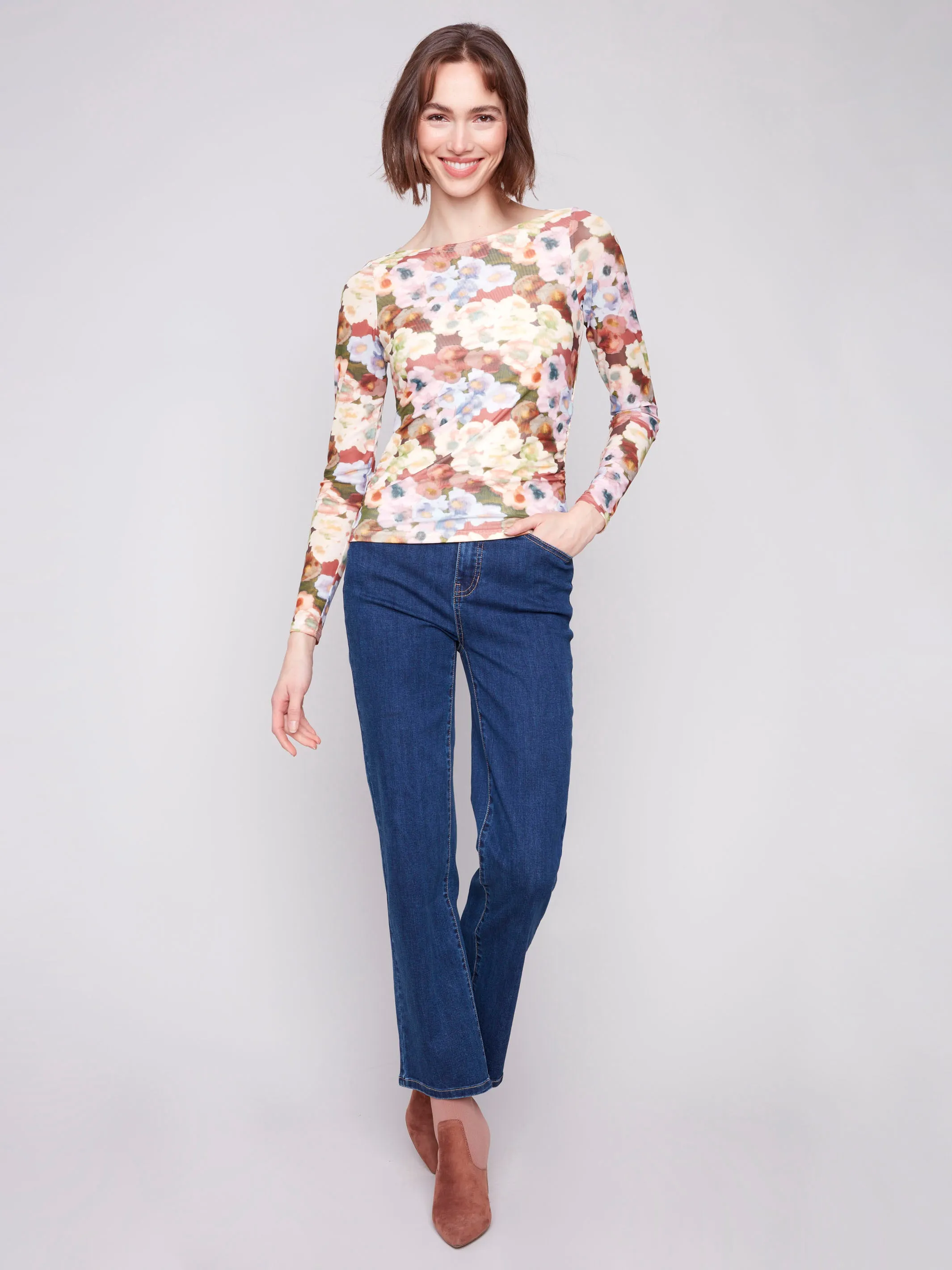 Printed Ruched Mesh Top - Botanical NonRestrictive Cut Windproof Fabric
