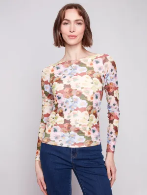 Brave Mode Printed Ruched Mesh Top - Botanical