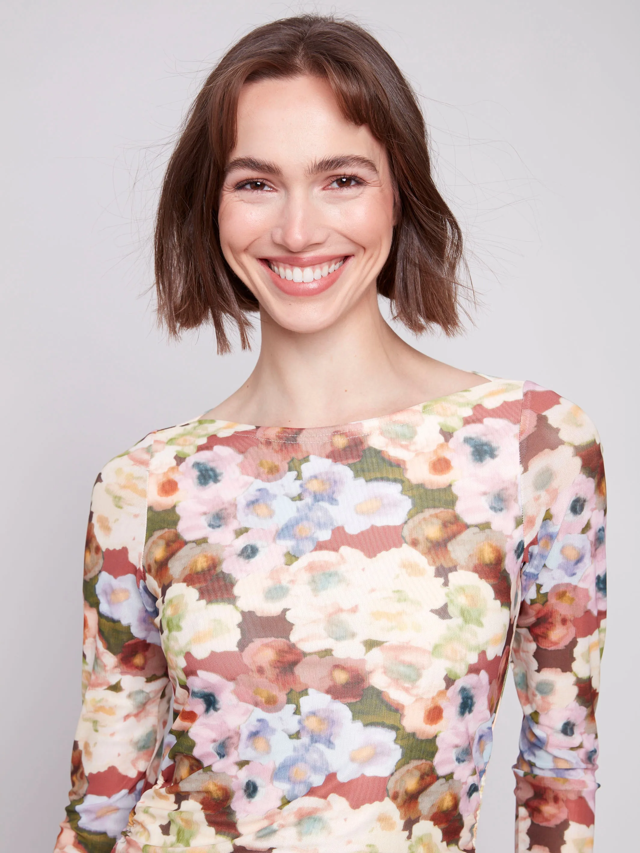 Printed Ruched Mesh Top - Botanical Ultraviolet Protection Effortless Style