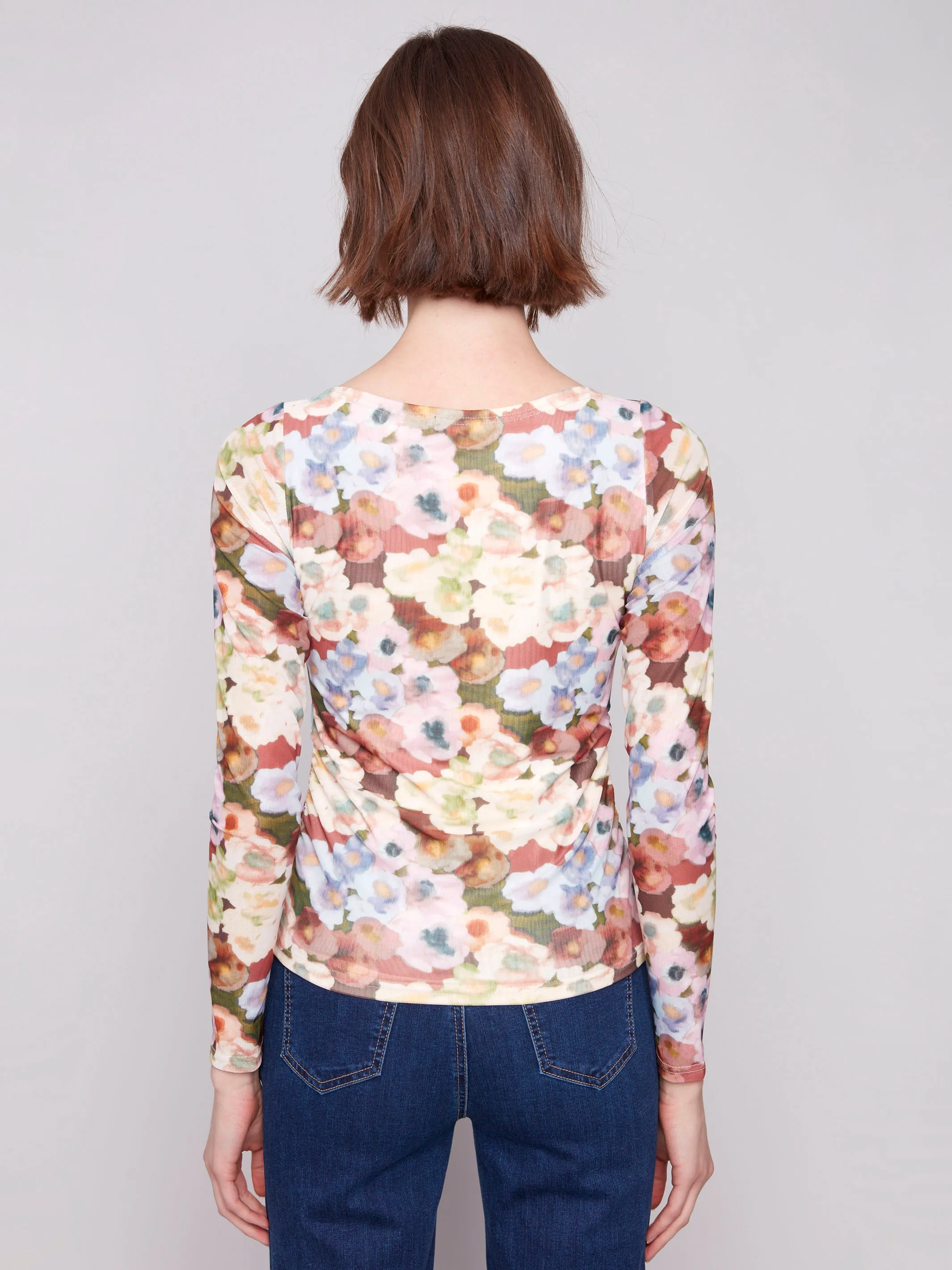 Printed Ruched Mesh Top - Botanical ReflectiveTrims