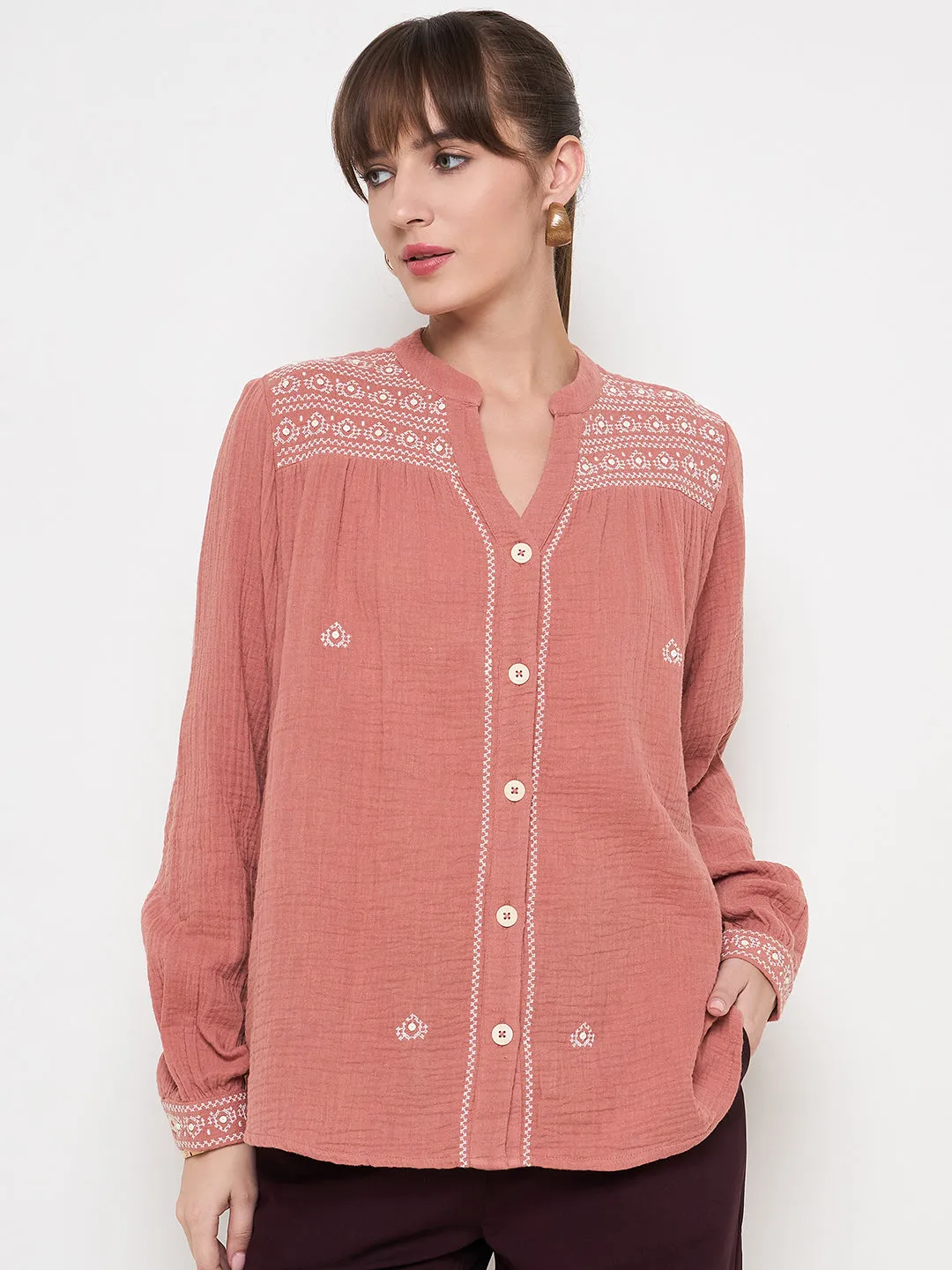 Madame Cotton Embroidery Detailed Rust Red Top SeamlessConstruction