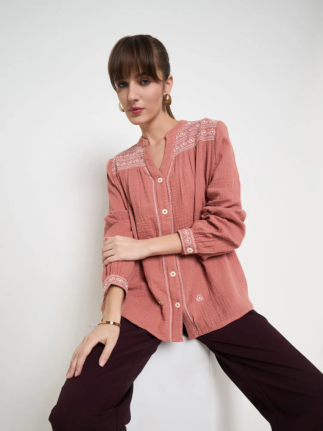 Lounge Gear Madame Cotton Embroidery Detailed Rust Red Top
