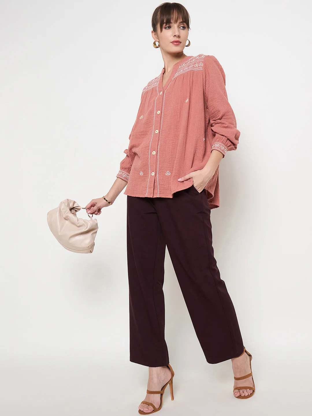 EcoCertifiedTextile Madame Cotton Embroidery Detailed Rust Red Top