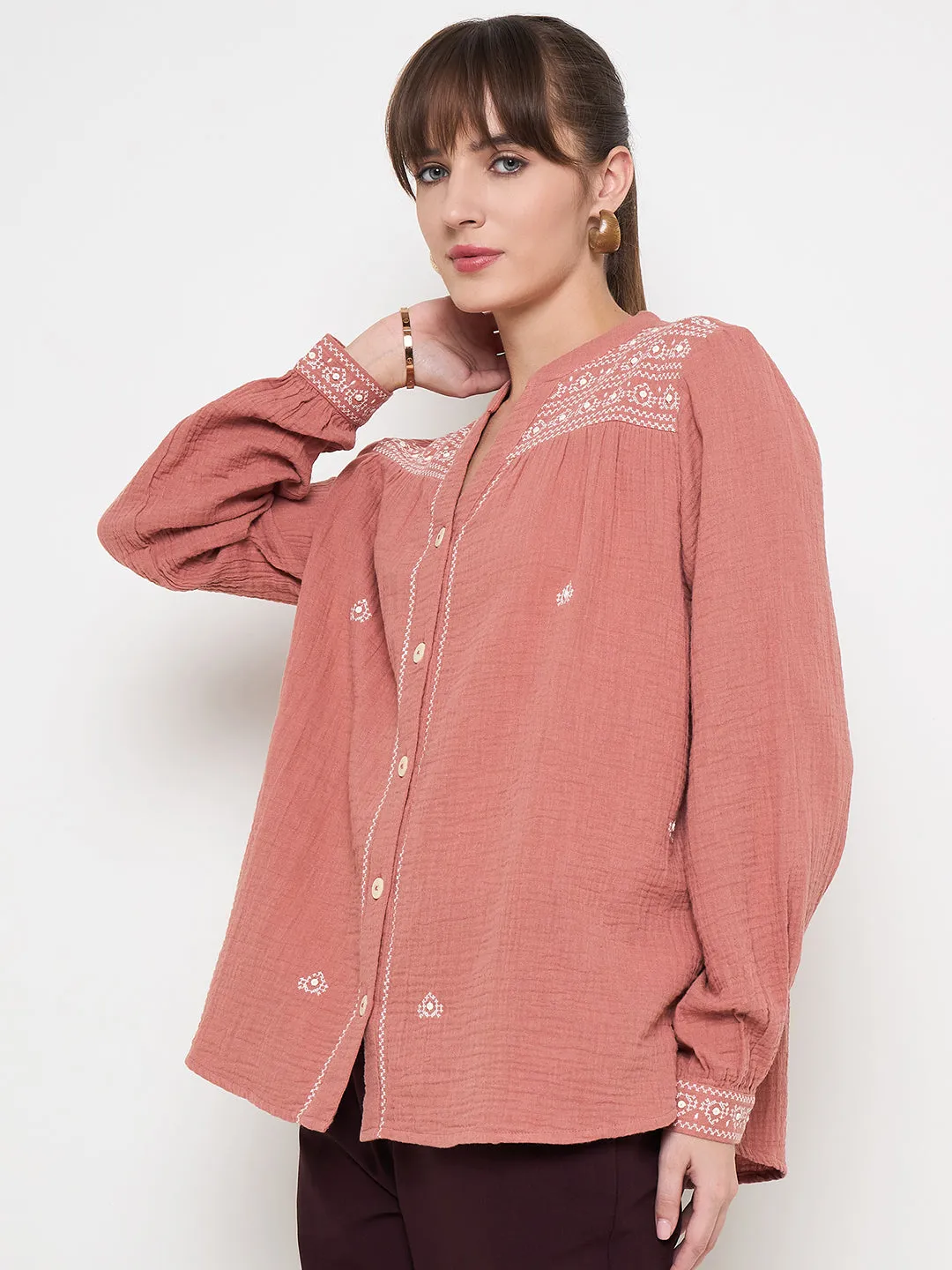 Comfortable Fashion Elastic cuffs Madame Cotton Embroidery Detailed Rust Red Top