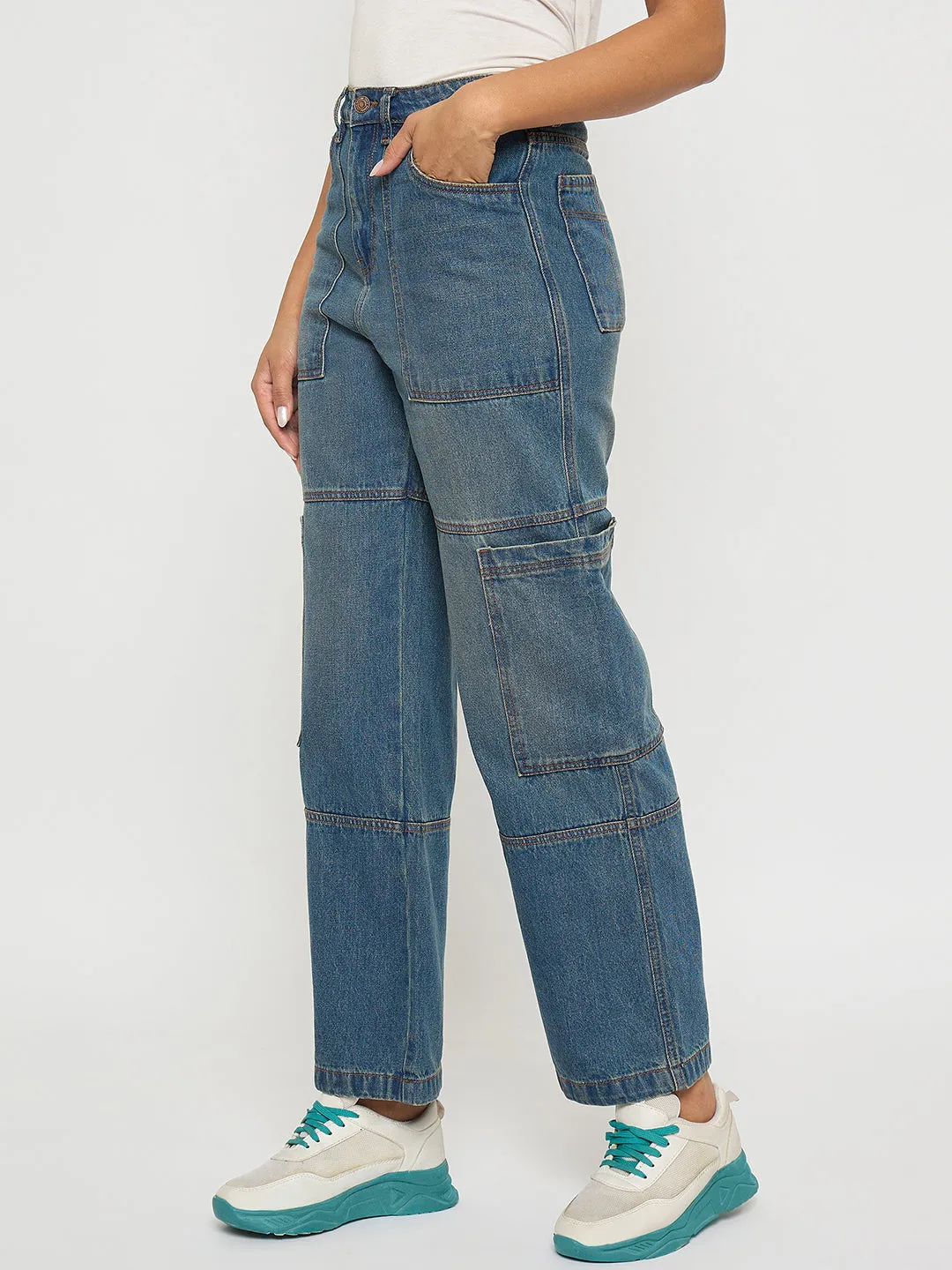 Breathable mesh Madame Panel Detailed Tinted Green Wide Leg Denim Cargo