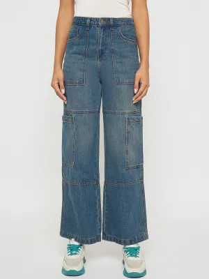 Side slits FlexibleStretchWeave Madame Panel Detailed Tinted Green Wide Leg Denim Cargo