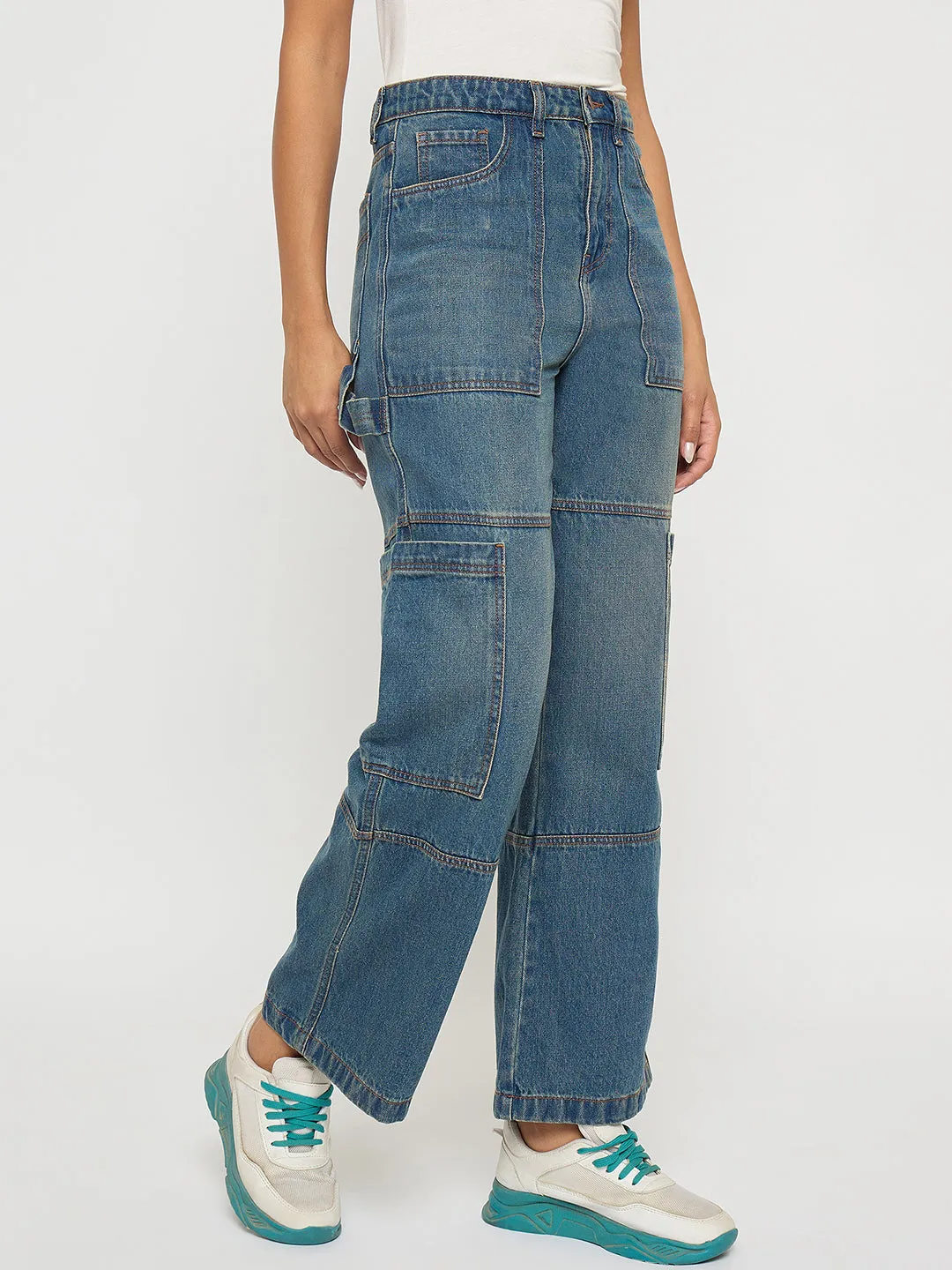 Soft Material Madame Panel Detailed Tinted Green Wide Leg Denim Cargo