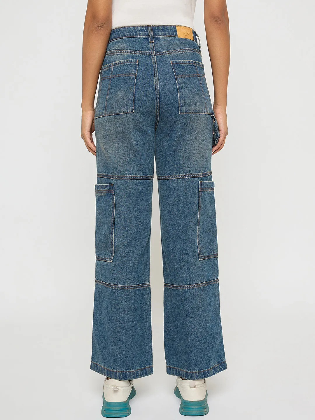 Madame Panel Detailed Tinted Green Wide Leg Denim Cargo Modern Utility