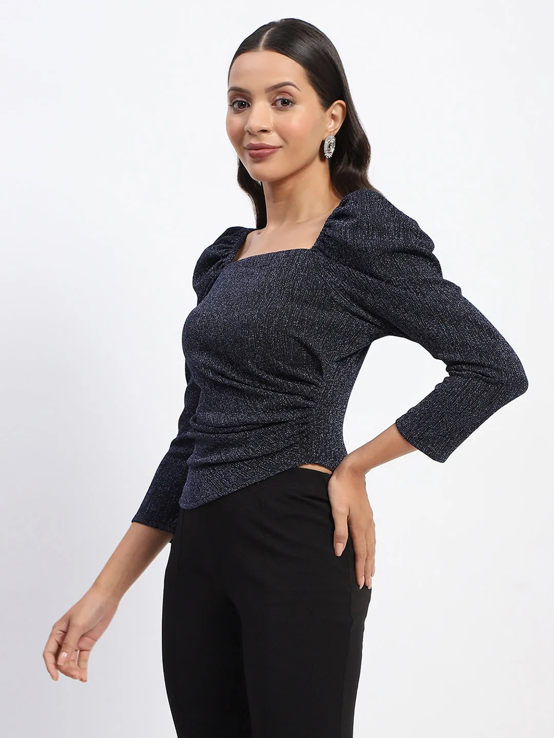 Fashion Footwear Rain Proof Madame Gathered Shimmery Square Neck Navy Top